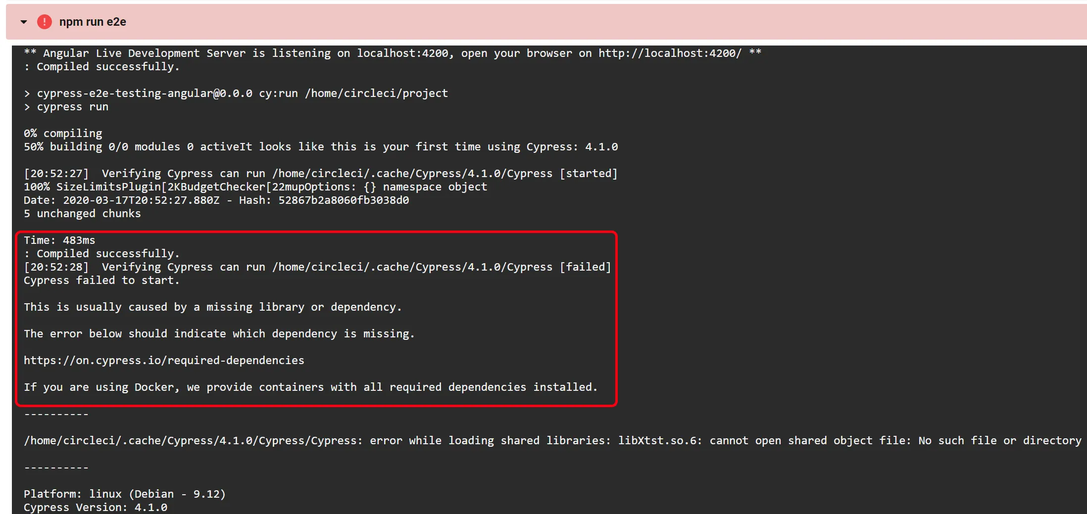 Cypress Fehlermeldung auf dem Build-Server, die genau sagt, wie der Fehler zu beheben sei