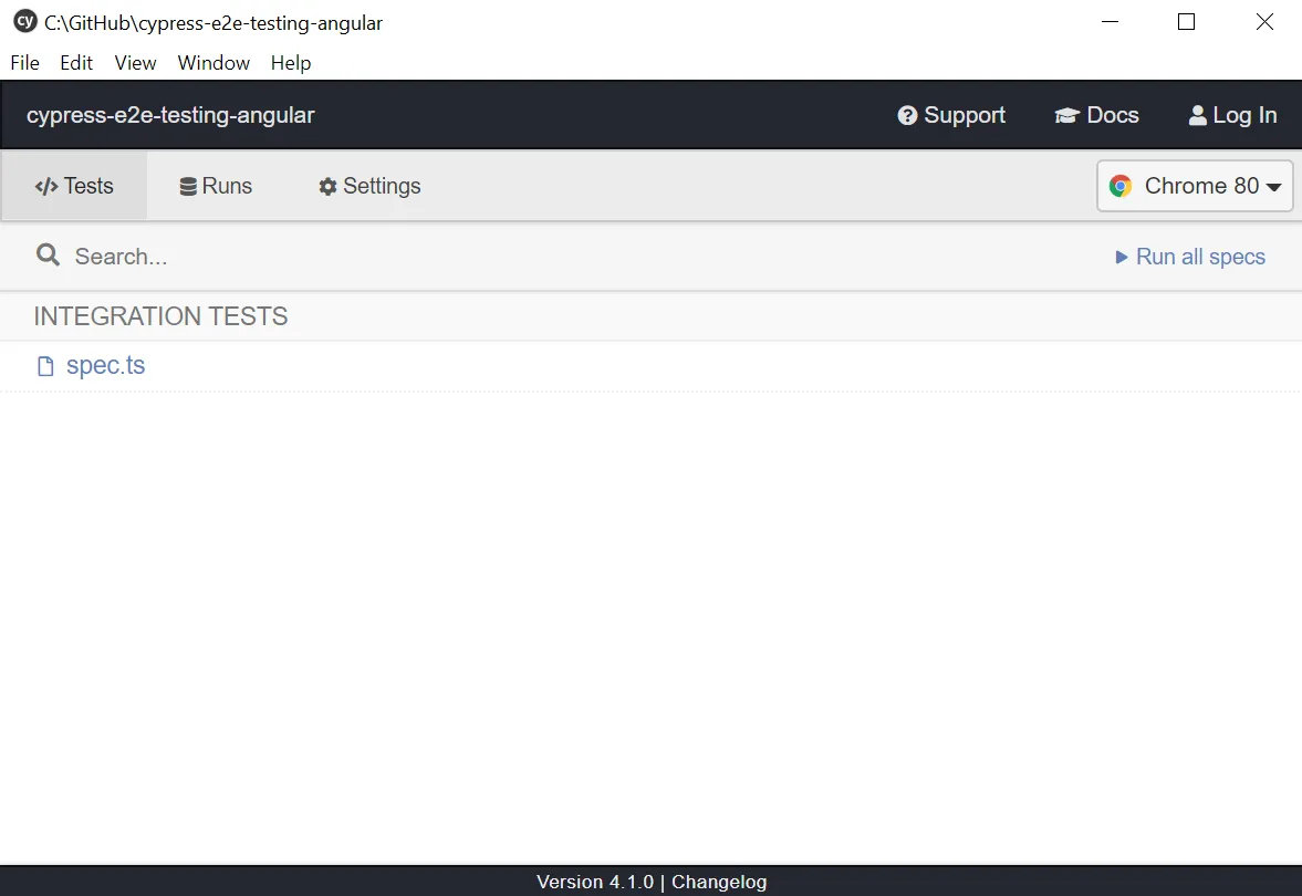 Cypress Oberfläche nach cypress:open oder e2e