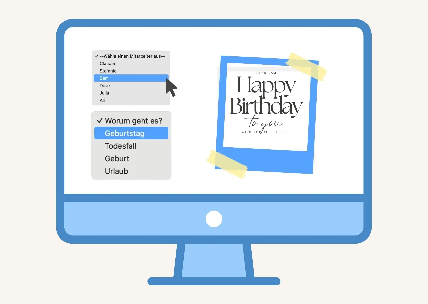 Grafische Darstellung einer Grußkarten Web-Anwendung bestehend aus zwei select-Elementen und einer Textbox