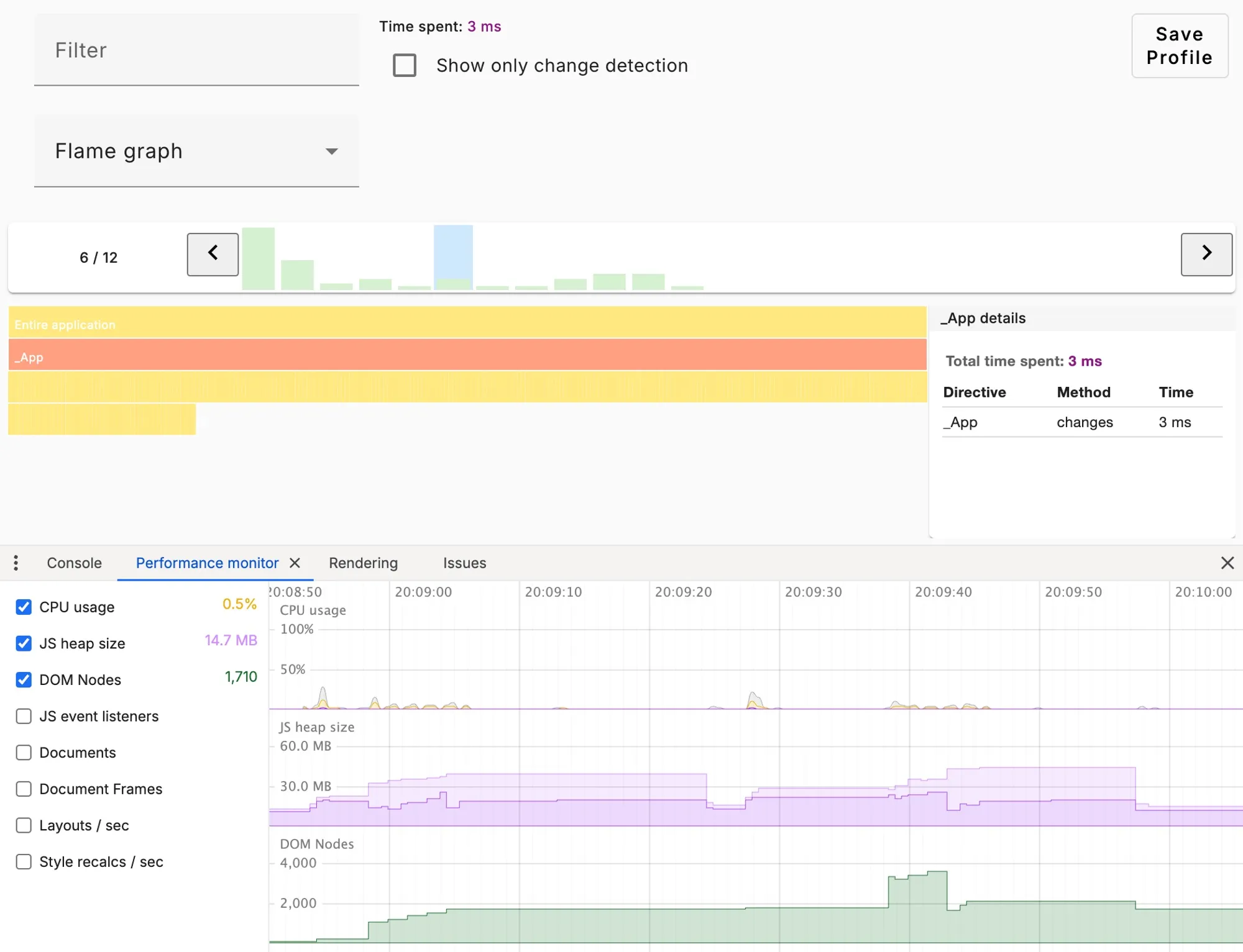 Screenshot aus den Angular DevTools Profiler, zeigt die Initial Loading Time - 3ms