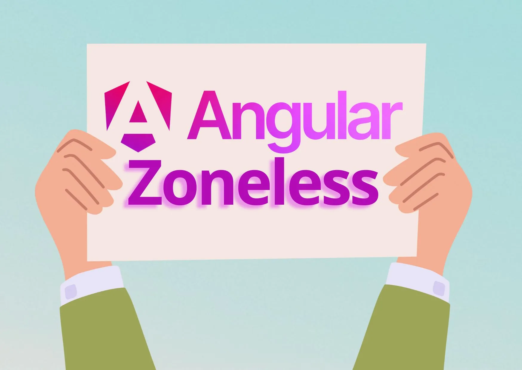 Illustration von Händen, die ein leeres Plakat halten mit dem Zoneless-Logo