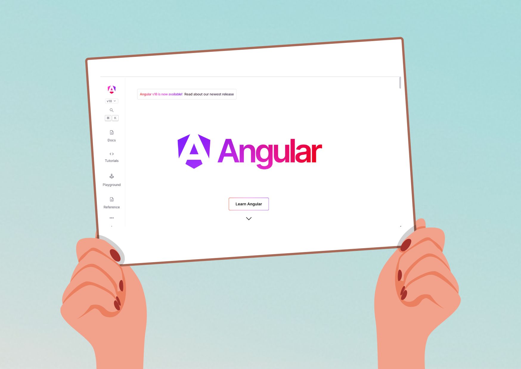 Illustration von Händen, die ein leeres Plakat halten mit dem AngularDev-Logo