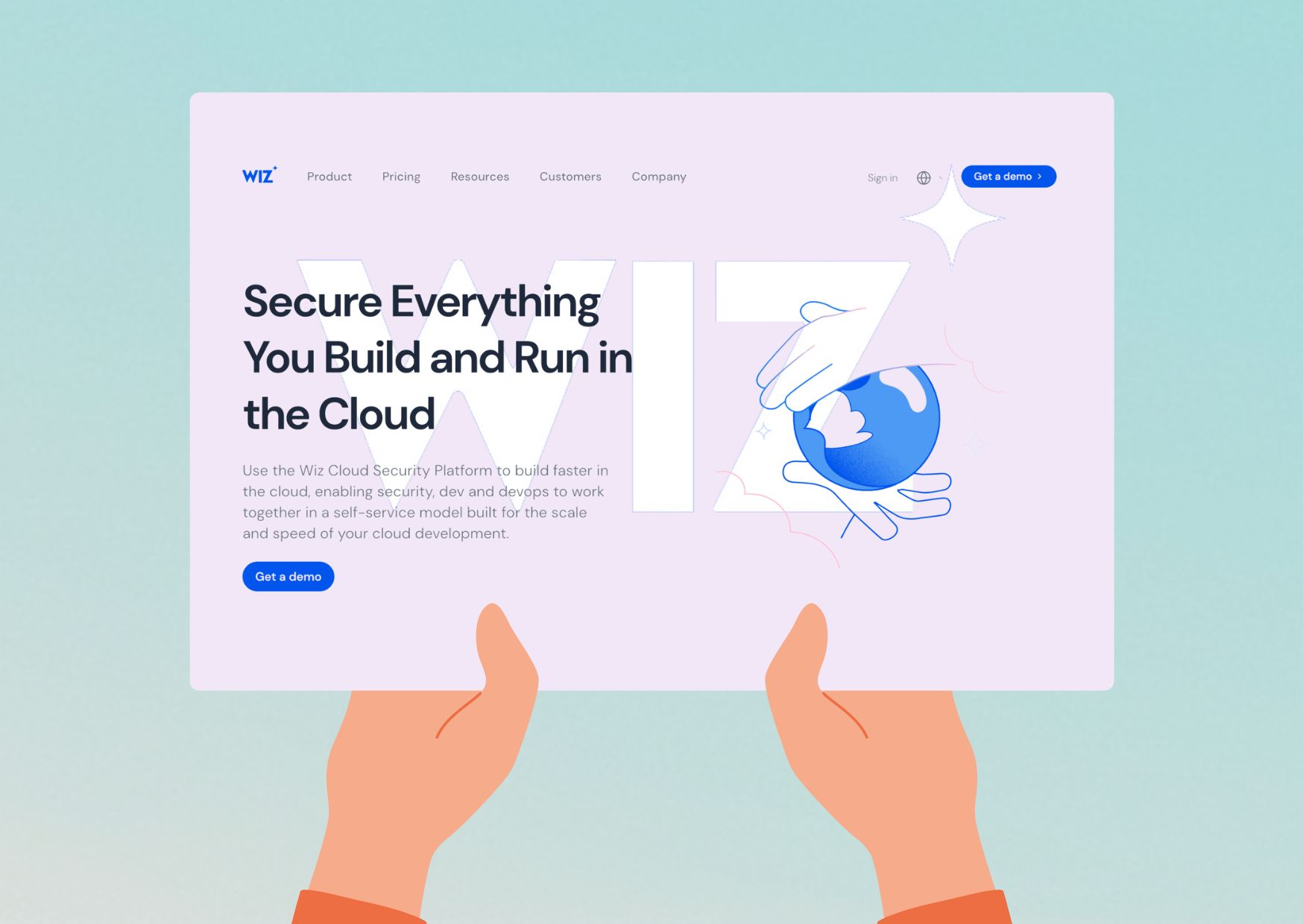 Illustration von Händen, die ein leeres Plakat halten mit dem Wiz-Logo