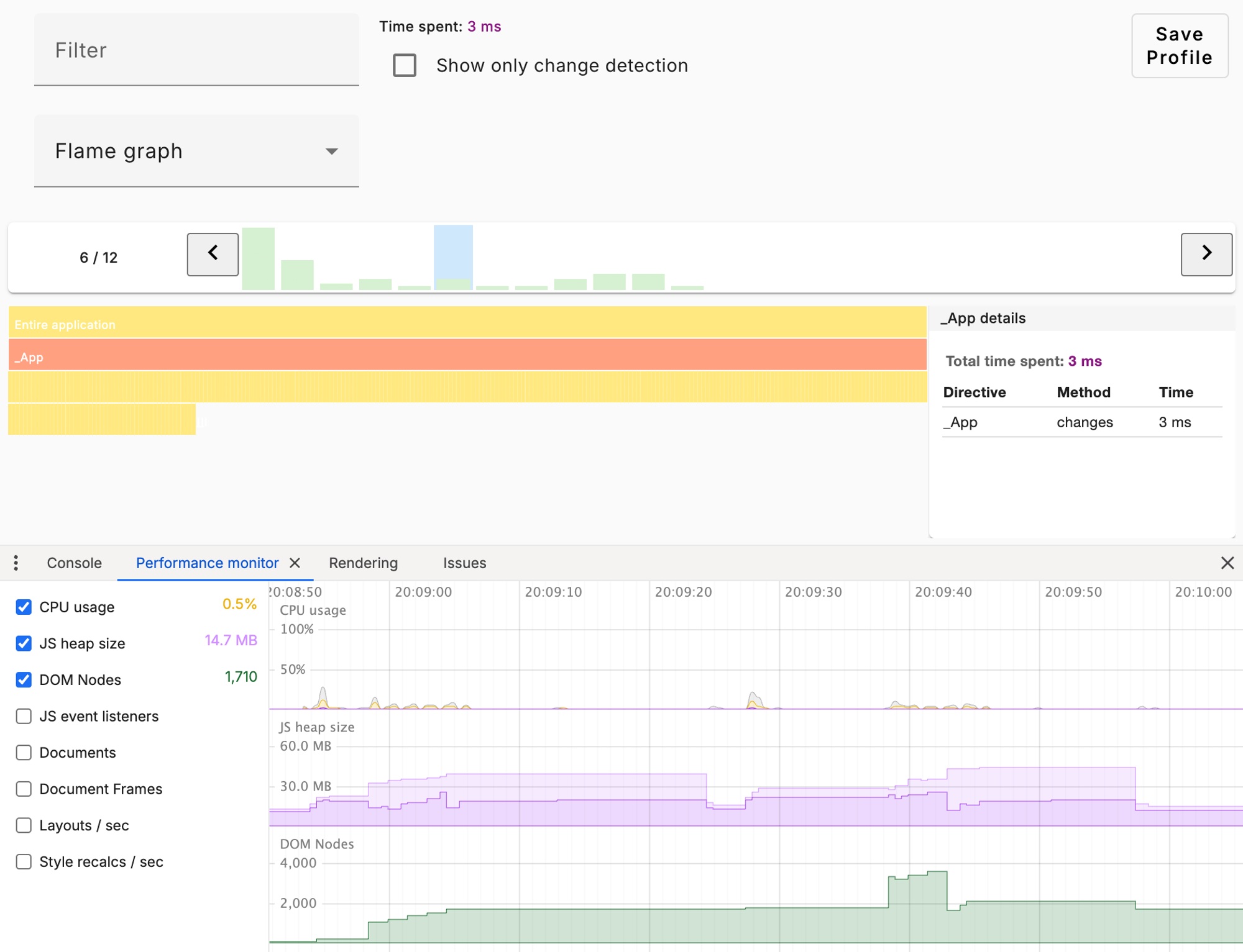 Screenshot aus den Angular DevTools Profiler, zeigt die Initial Loading Time - 3ms